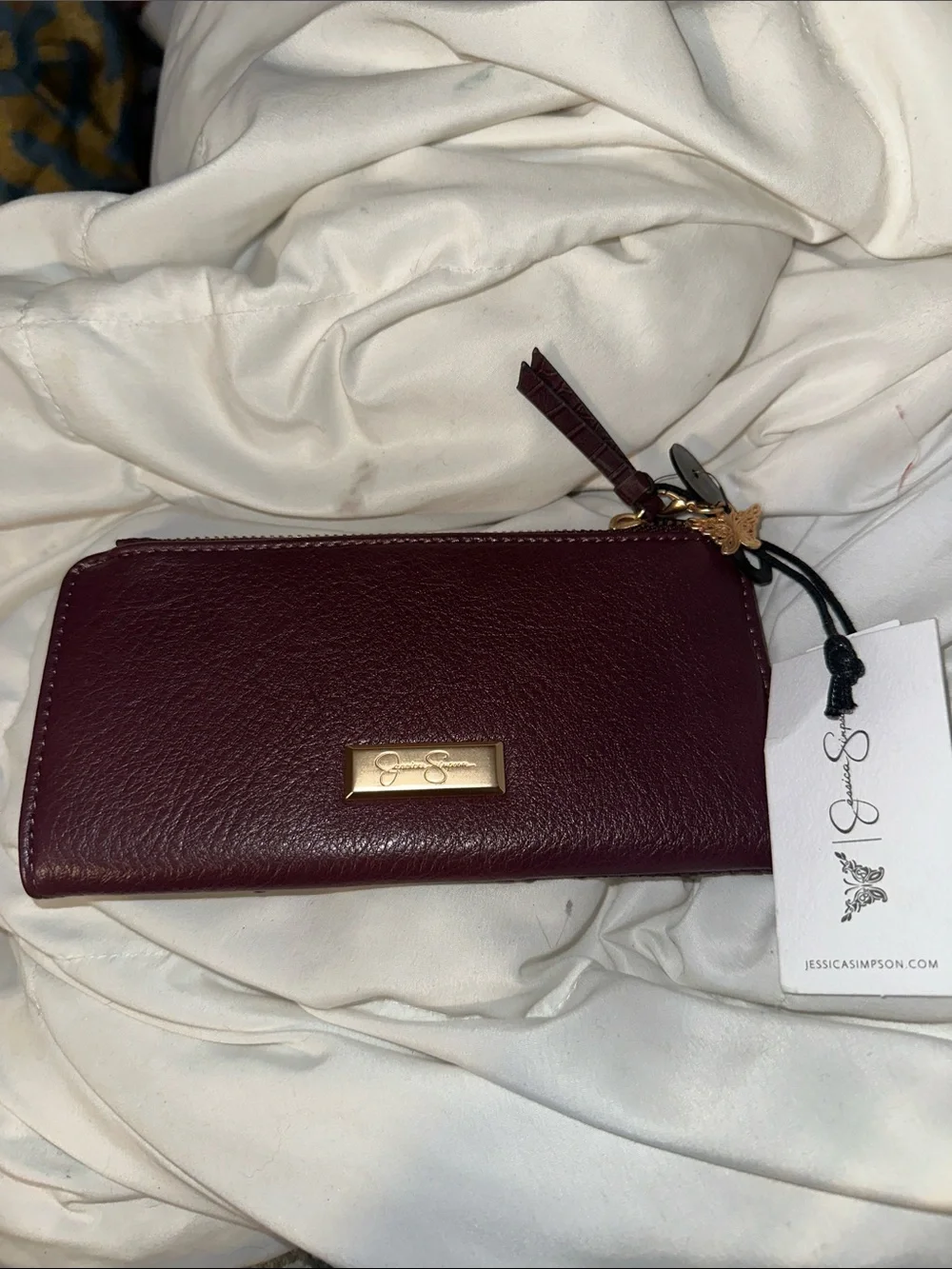 NWT Jessica Simpson Studded Patchwork  Wallet - Burgundy gold acc zip pocket